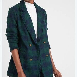 Banana Republic Blazer Tartan Plaid Green Tweed Double Breasted Jacket Wool L